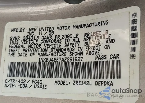 2010 Toyota Corolla Le from USA, damaged, VIN 1NXBU4EE7AZ291627